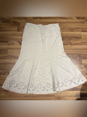 BHS Linen Blend A-Line Skirt Beige Size 14 Sequins Floral Embroidered